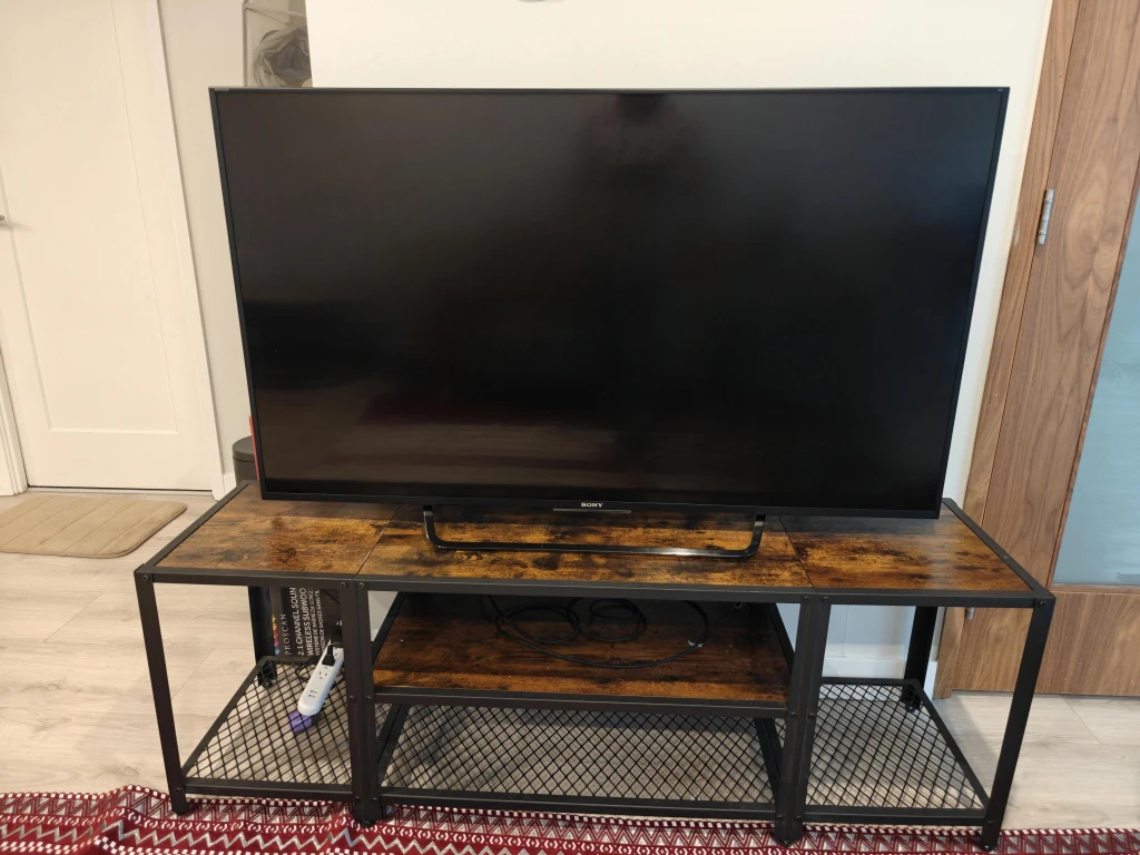 Industrial Rustic TV Stand – Wood & Metal with Mesh Shelves