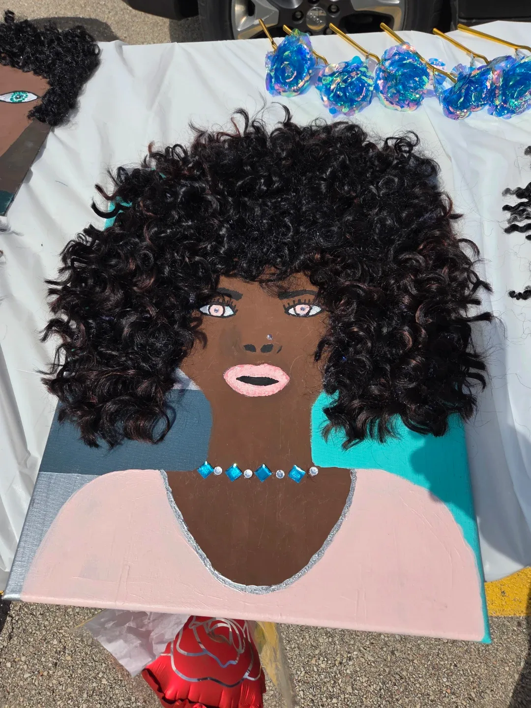 Handmade Portrait Art with Curly Hair and Rhinestone Necklace