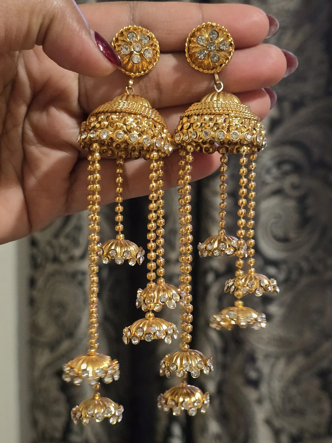 Gold Jhumka Earrings with Crystals