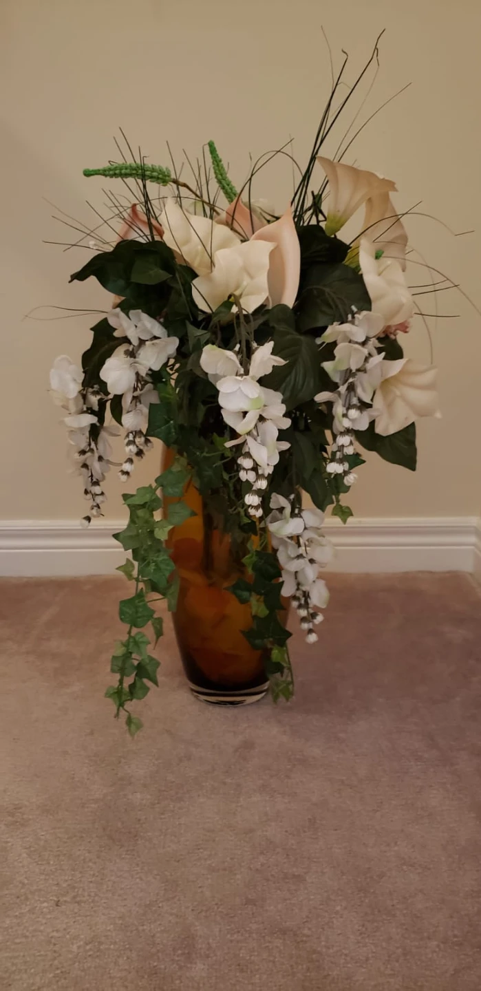 Amber Glass Vase with Artificial Floral Arrangement