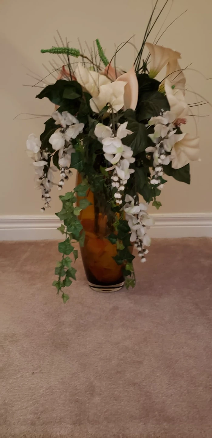 Amber Glass Vase with Artificial Floral Arrangement - photo 2