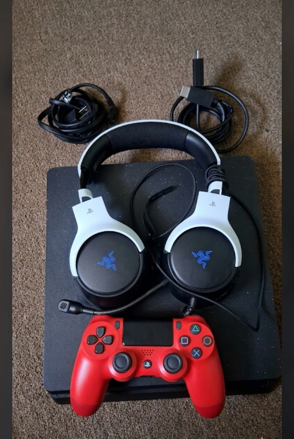 Sony PlayStation 4 Slim with Red controller and razer  headset