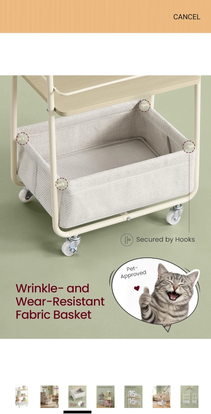 VASAGLE 3-Tier Rolling Cart with Fabric Basket - photo 2