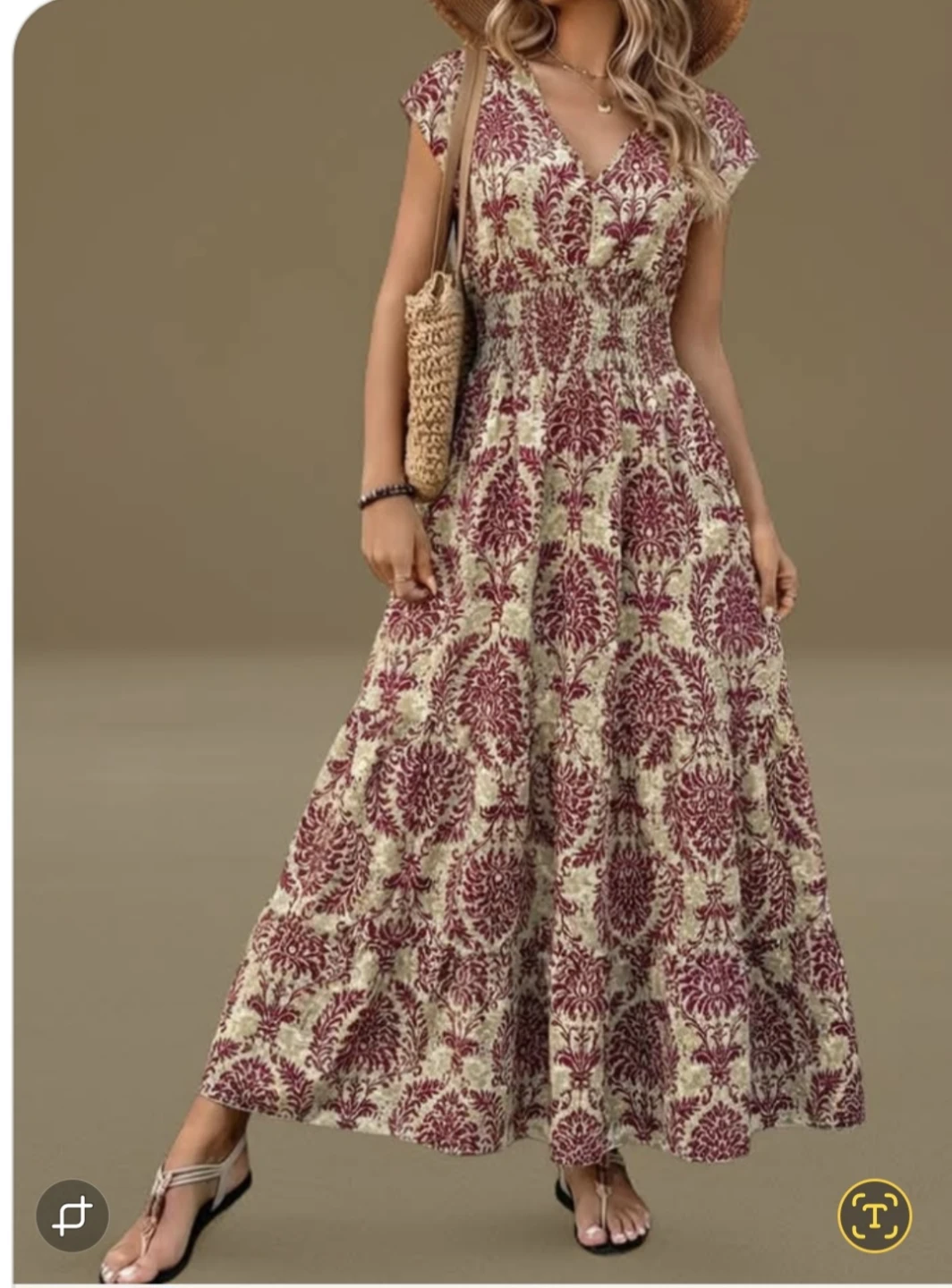Maxi Dress with Burgundy and Gold Pattern