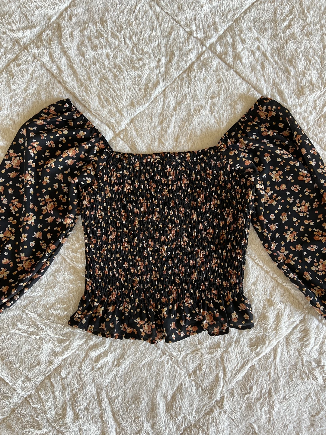 Black Floral Smocked Puff Sleeve Top