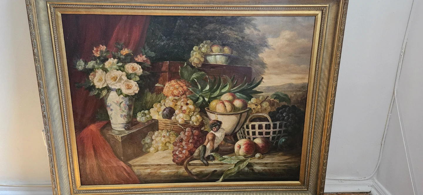 Vintage Still Life Oil Painting with Monkey and Fruit