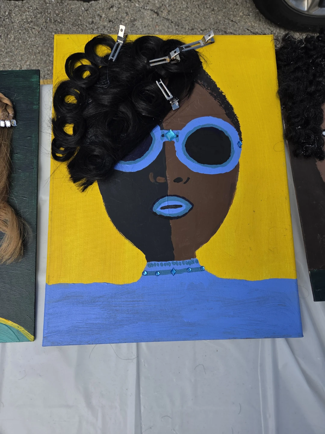 Unique Mixed Media Portrait Art with Real Hair