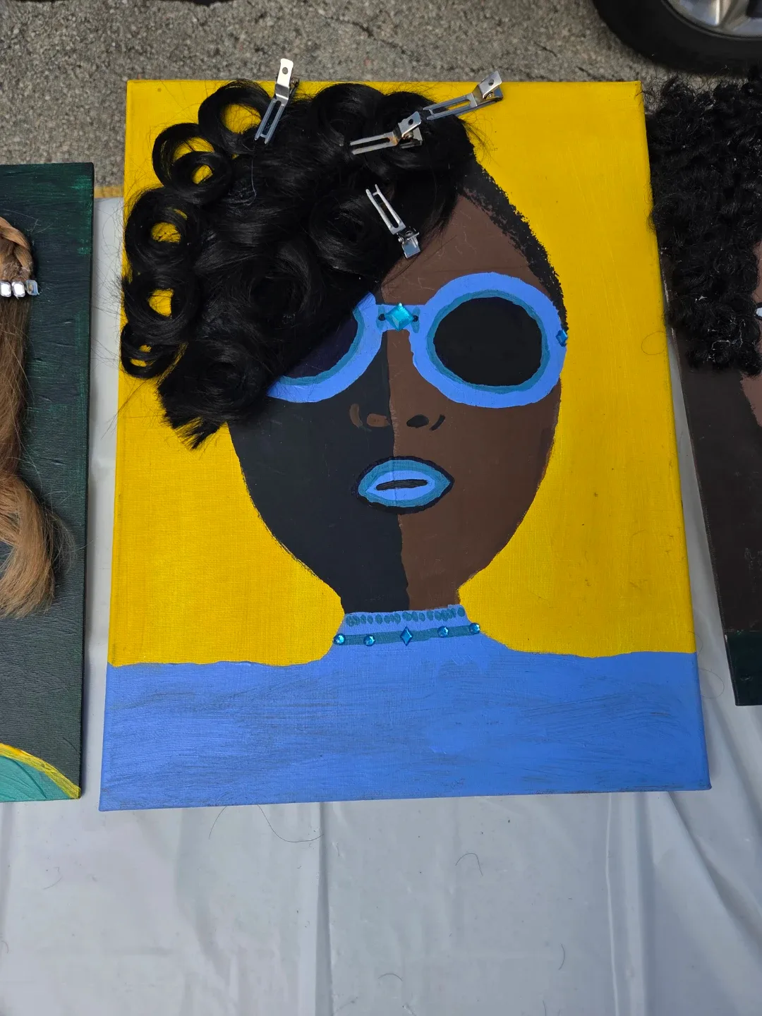 Unique Mixed Media Portrait Art with Real Hair