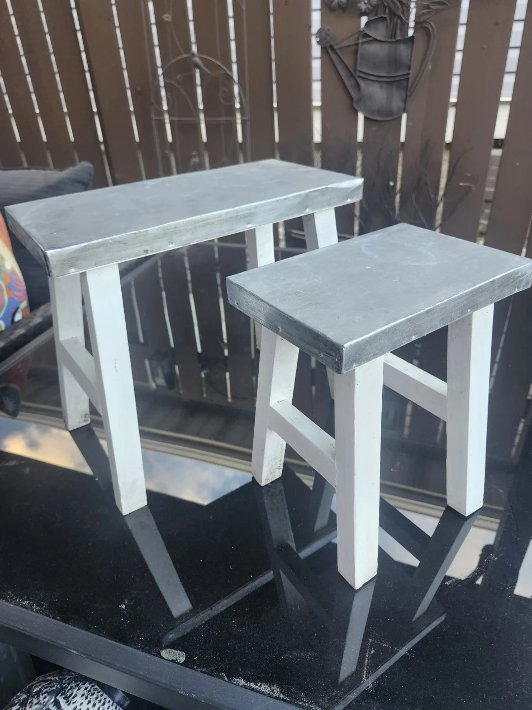 Set of 2 Metal Top outdoor plant stands