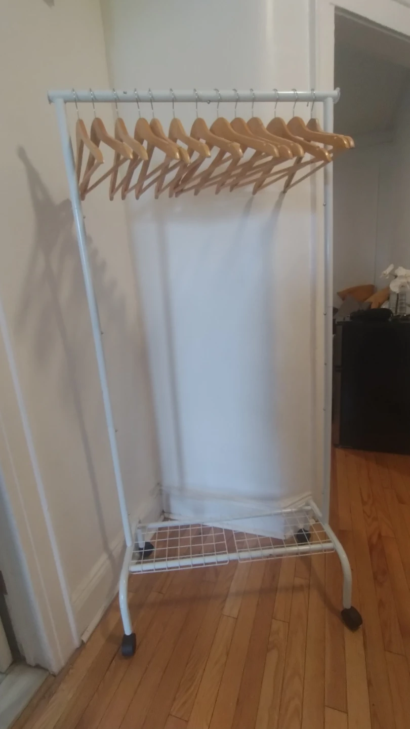 White Rolling Garment Rack with 12 Wooden Hangers