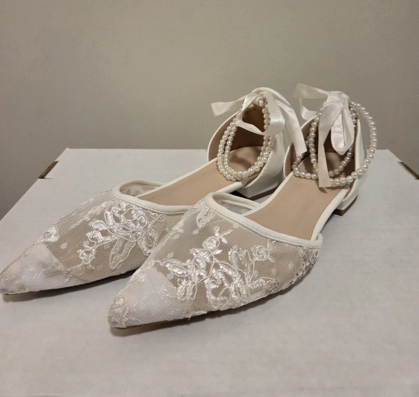 White Lace Ballet Flats with Pearl Ankle Straps (wedding shoes) - photo 2