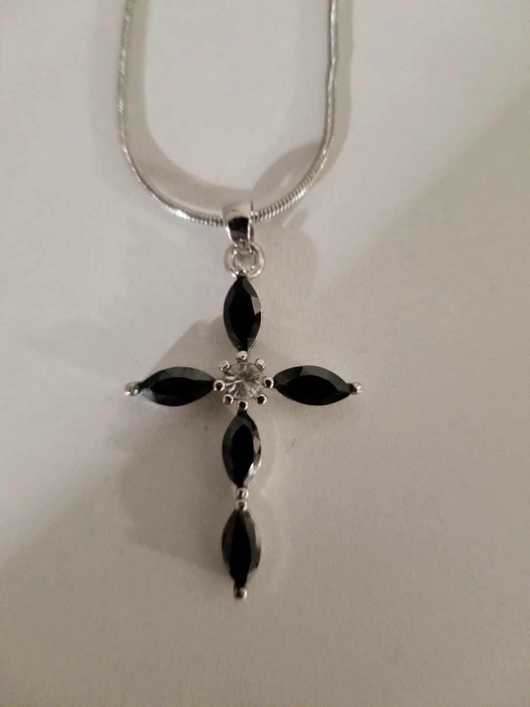 Silver Tone Cross Pendant Necklace with Black and Clear Stones