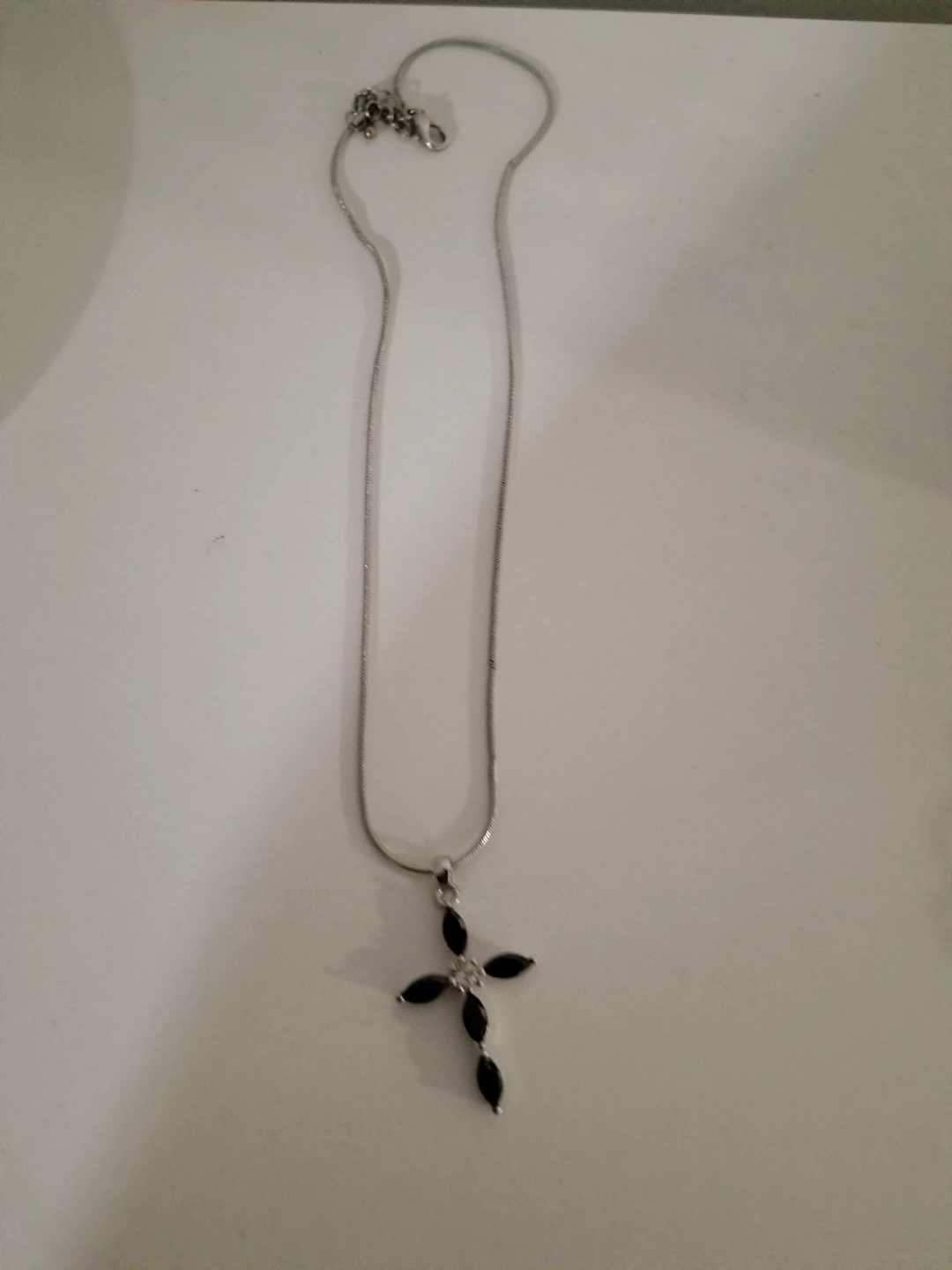 Silver Tone Cross Pendant Necklace with Black and Clear Stones - photo 2