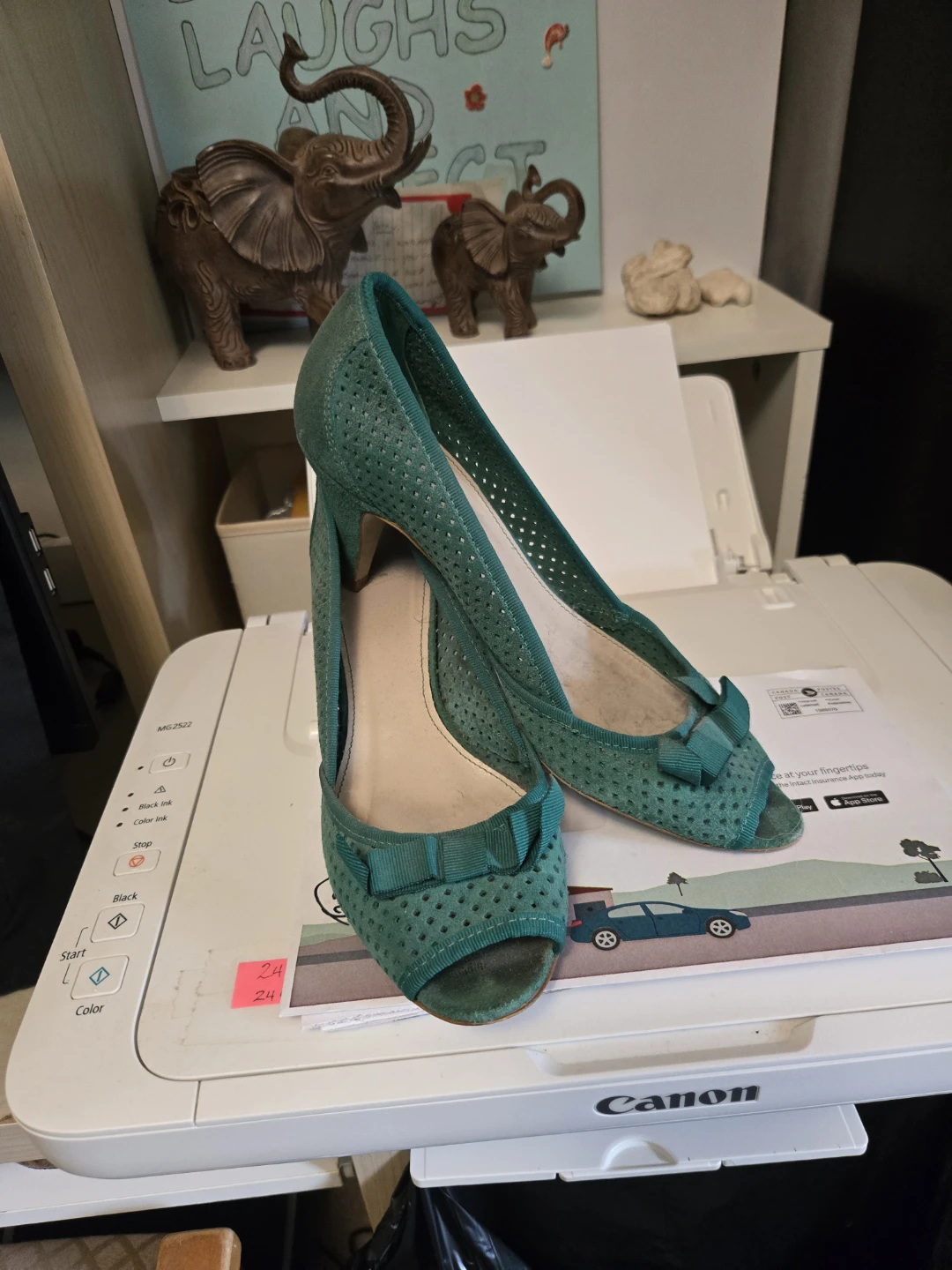 Green Perforated Peep Toe Heels with Bows