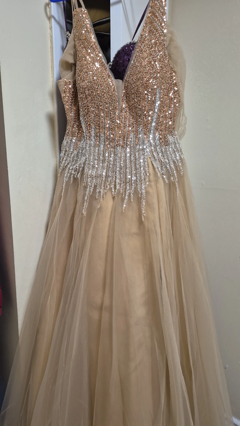 VIPGIRL Luxury Champagne Deep V Neck Long Evening Dress - photo 2