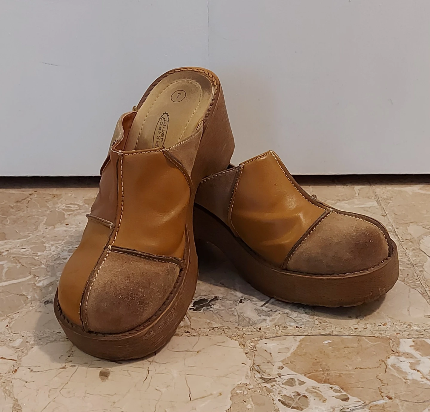 Brown Leather & Suede Patchwork Platform Clogs Size 7