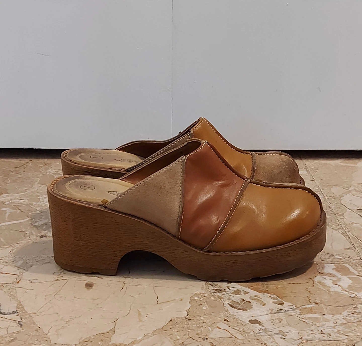 Brown Leather & Suede Patchwork Platform Clogs Size 7 - photo 2