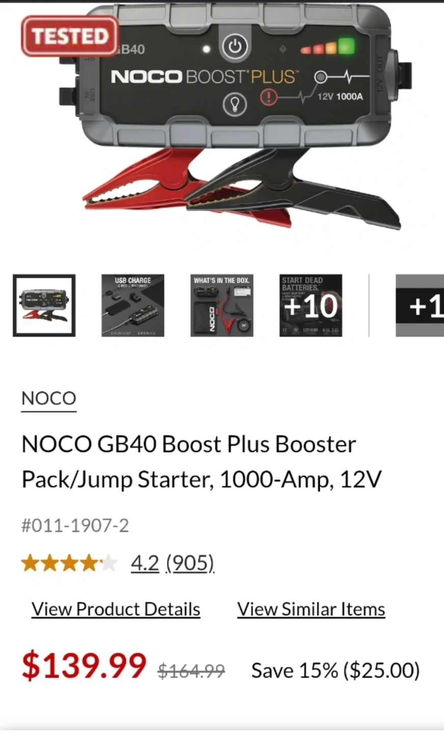 NOCO GB40 Boost Plus Booster Pack/Jump Starter, 1000-Amp, 12V - photo 2