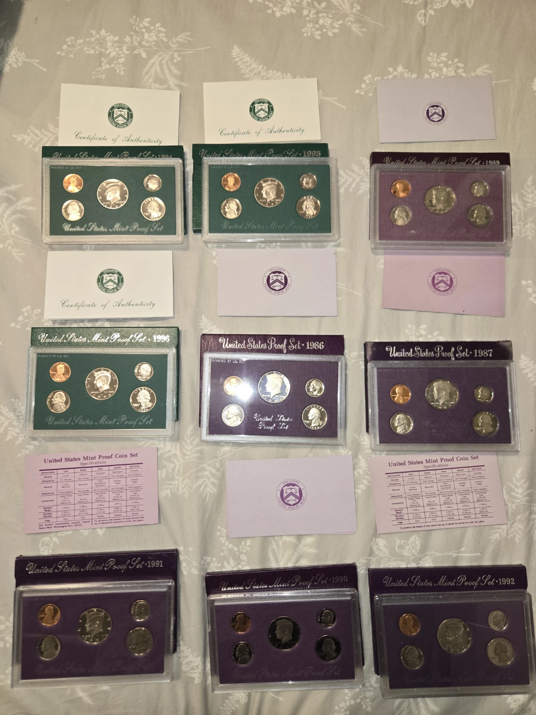 9 proof sets with box and certification of authentication