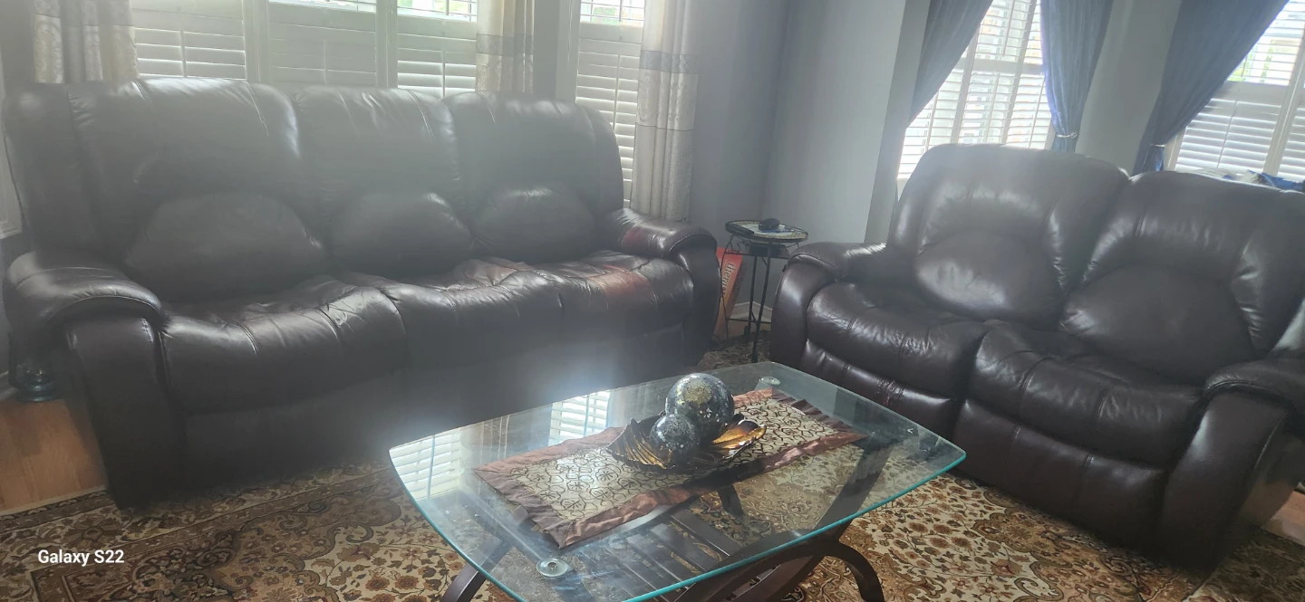 Brown Leather Reclining Sofa and Loveseat