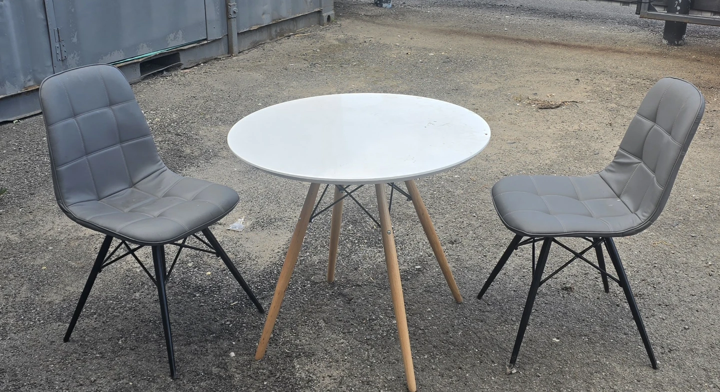 Round White Table with 2 Grey Chairs