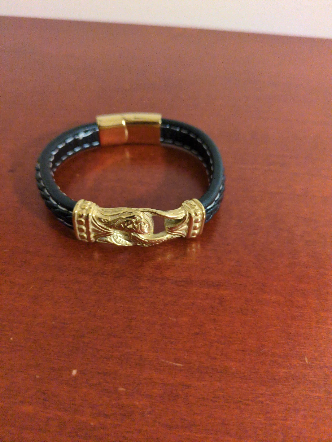 Black Leather Bracelet with Gold Clasp ⚽
