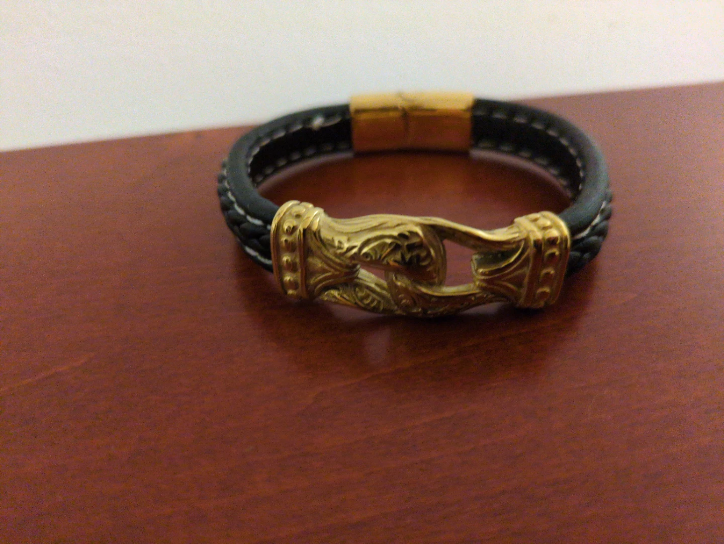 Black Leather Bracelet with Gold Clasp ⚽ - photo 2