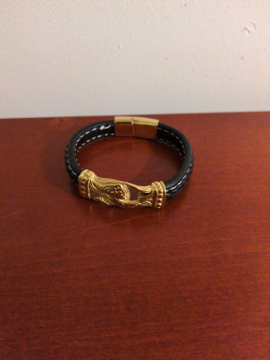Black Leather Bracelet with Gold Clasp ⚽ - photo 3