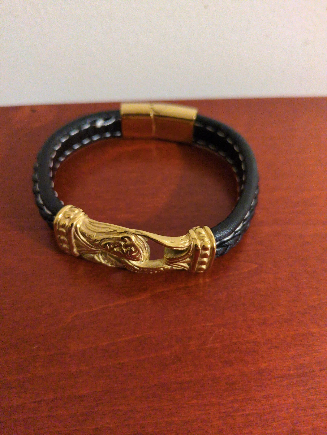 Black Leather Bracelet with Gold Clasp ⚽ - photo 4