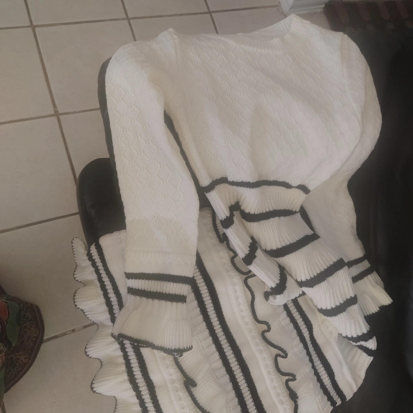 White and Black Striped Knit Maxi Dress with Ruffles - photo 2