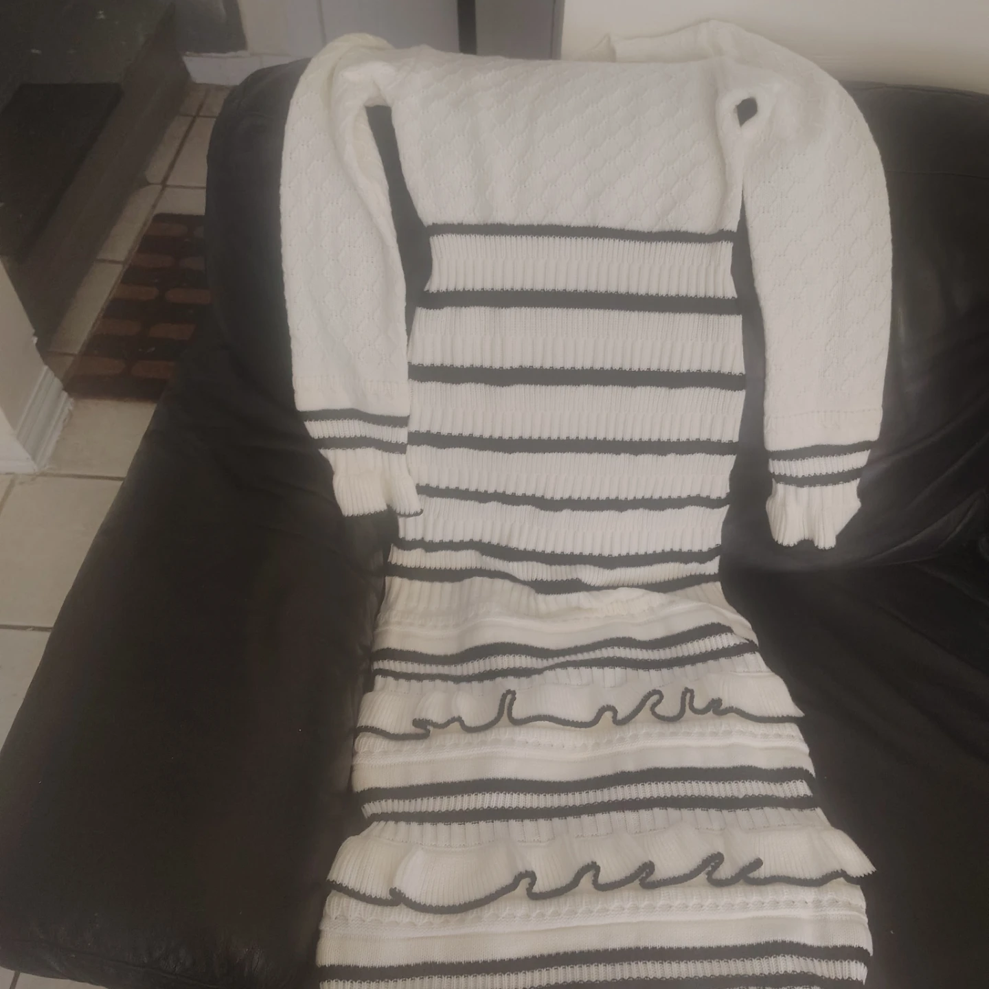 White and Black Striped Knit Maxi Dress with Ruffles - photo 3