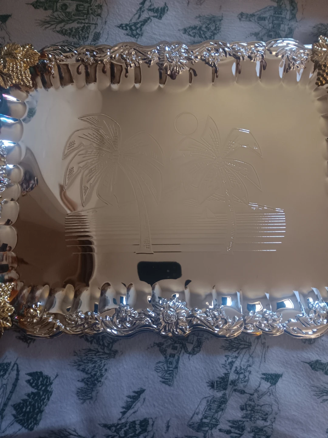Ornate Silver Plated Tray with Palm Tree Design - photo 2