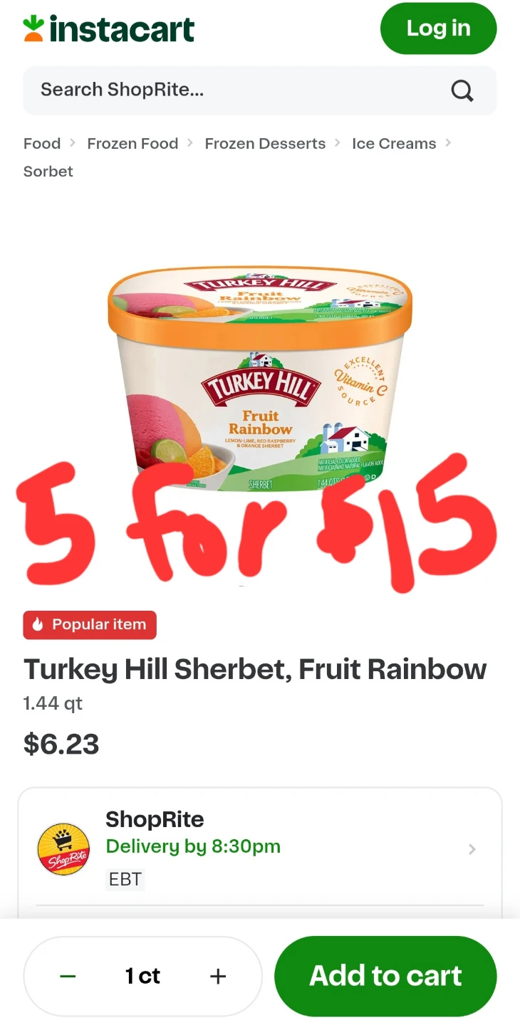 5 Containers Turkey Hill Rainbow Fruit Sherbert  Only $15