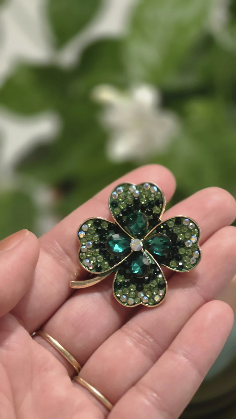 Sparkly Four Leaf Clover Brooch Pin