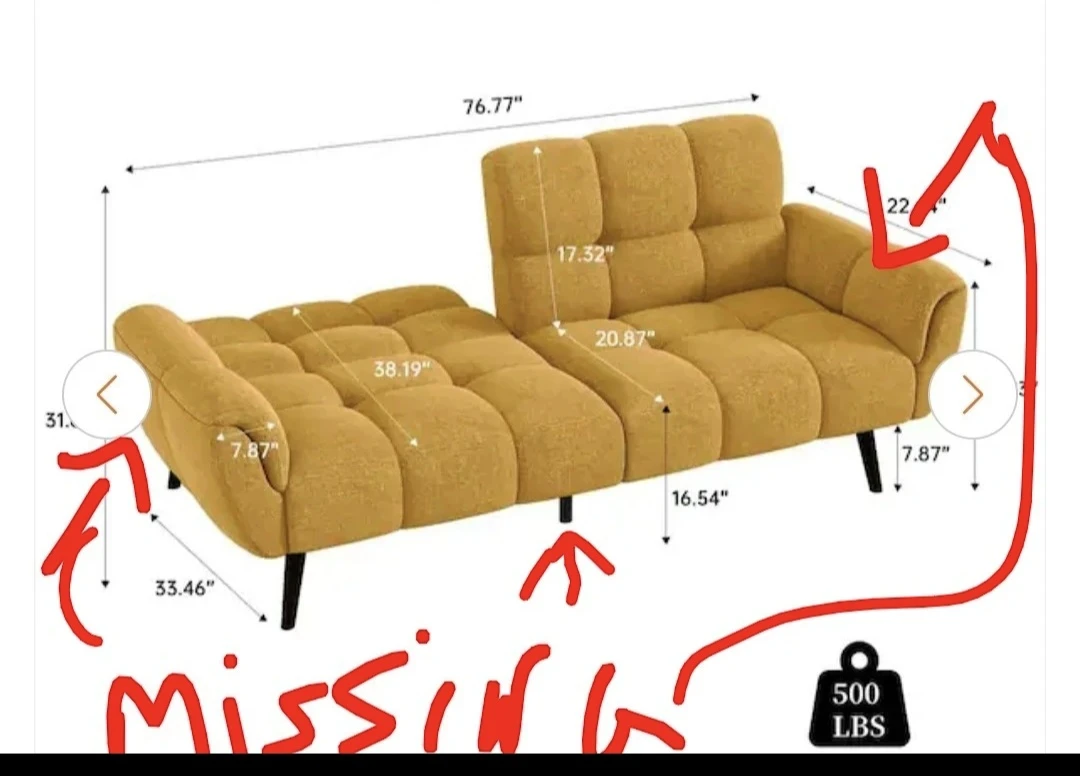 Yellow Tufted Futon Sofa Bed missing side arms - photo 5
