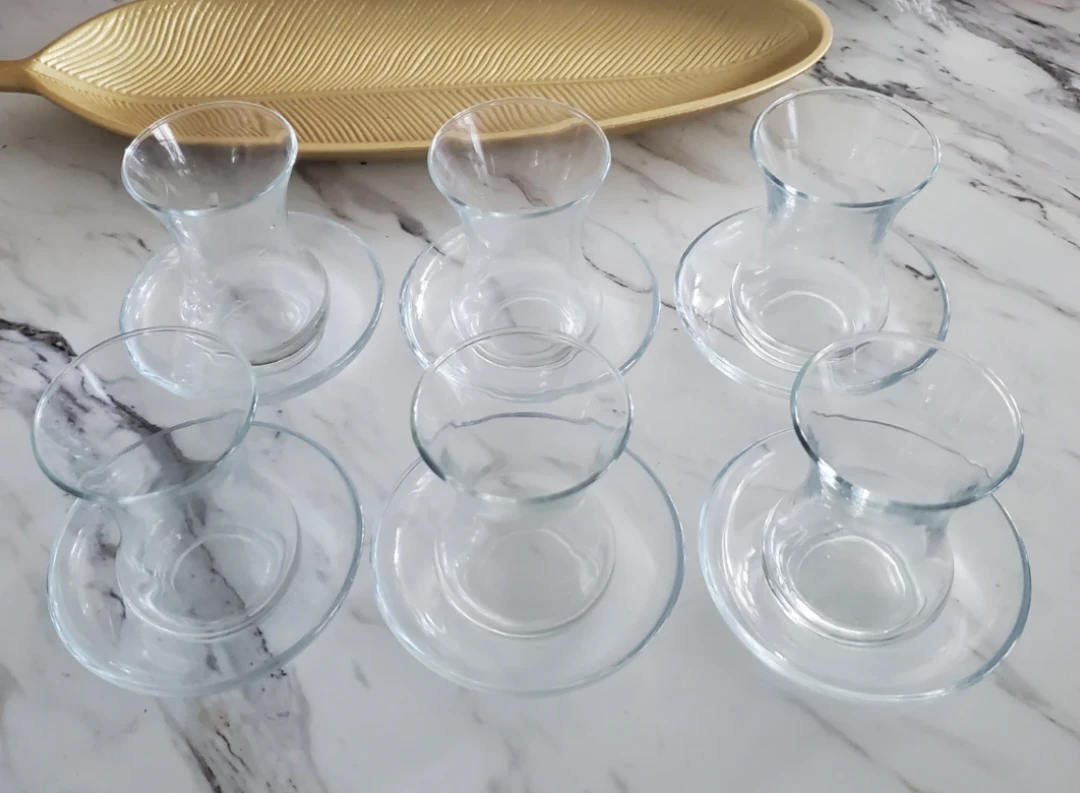 Set of 6 Turkish Clear Glass Tea Glasses and Saucers