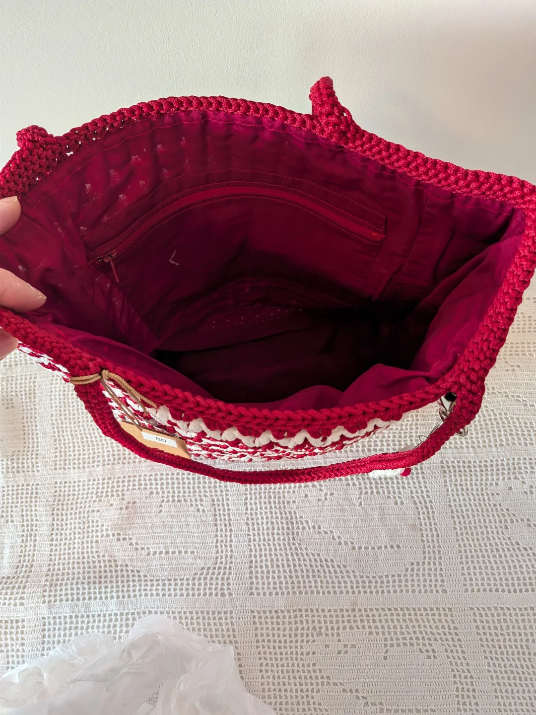 Handmade Red and White Striped Crochet Tote Bag - photo 2