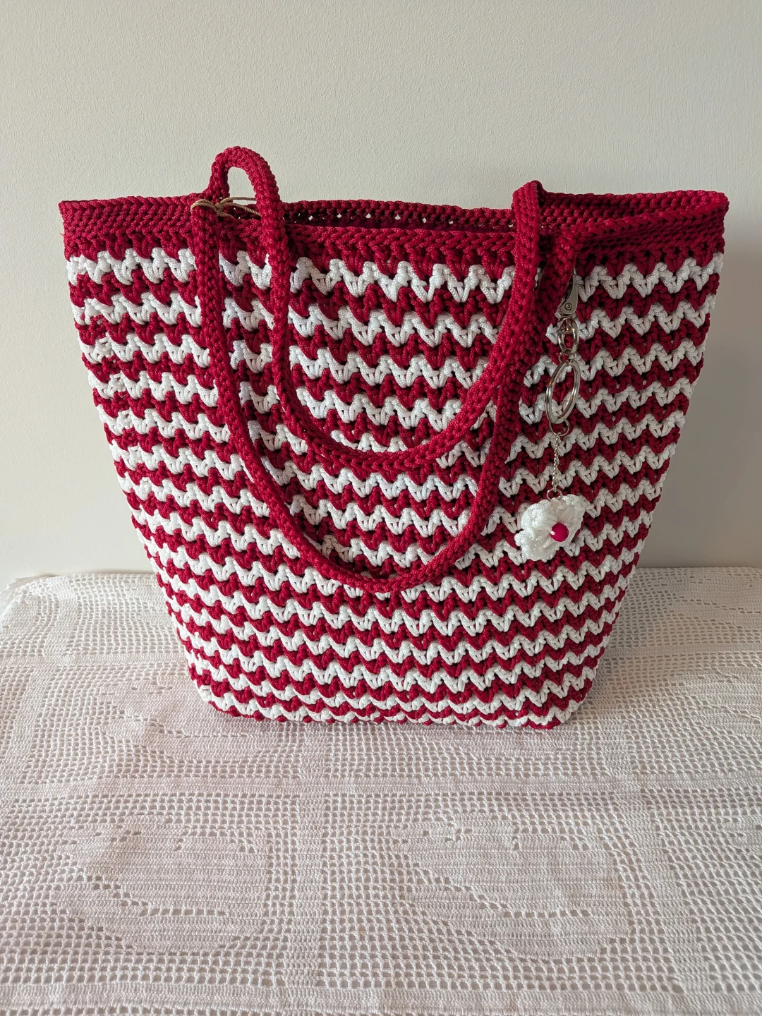 Handmade Red and White Striped Crochet Tote Bag