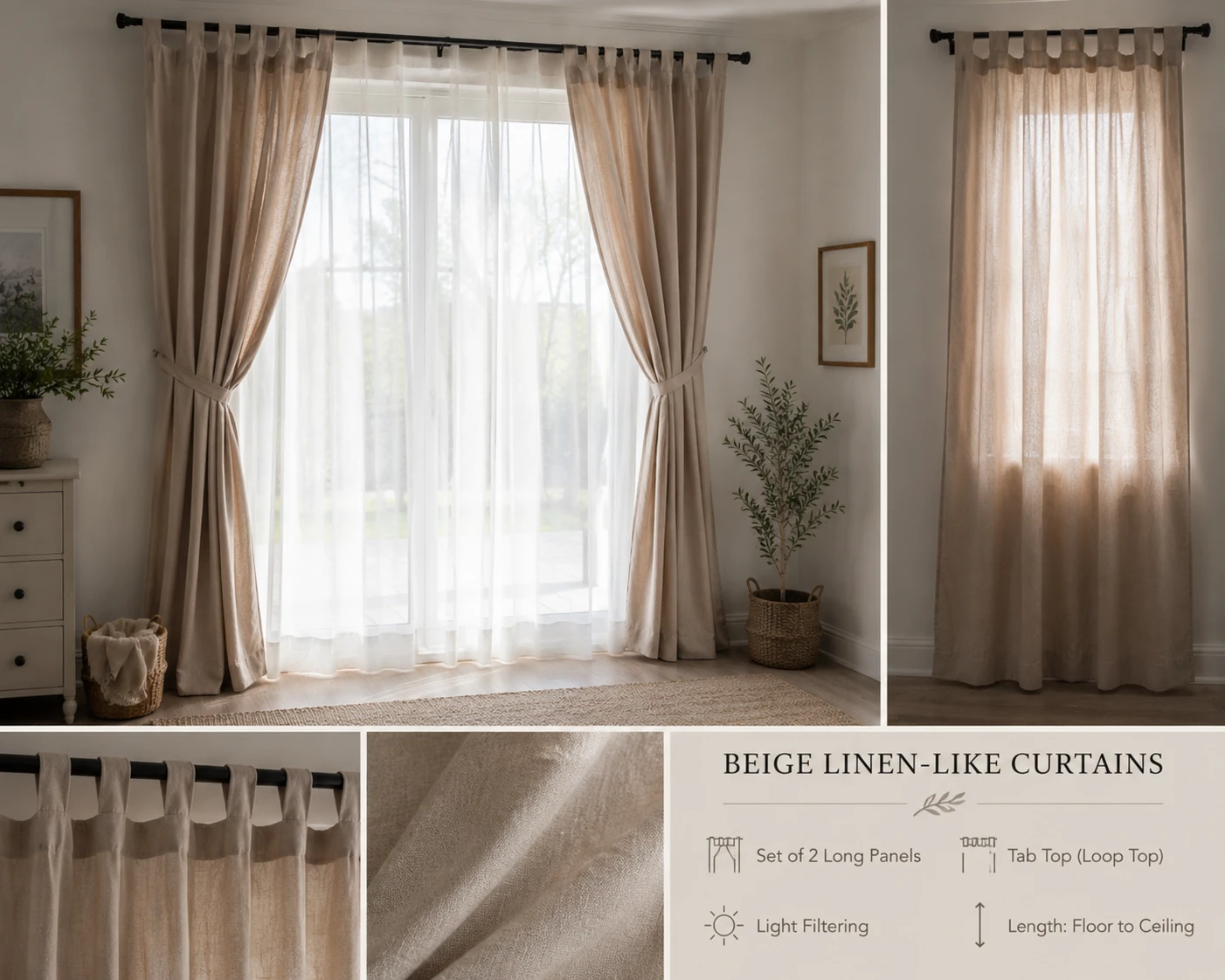 Beige Linen-Like Curtains - Set of 3 Long Panels