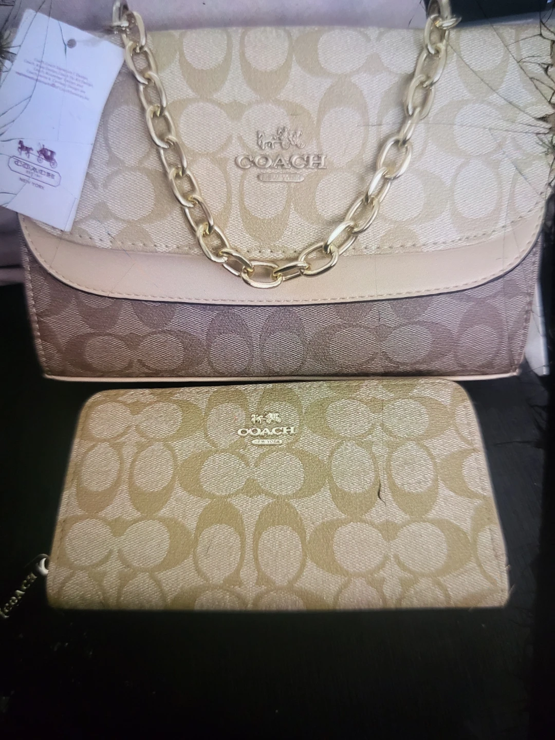 Coach Signature Monogram Wallet and Chain Bag Set