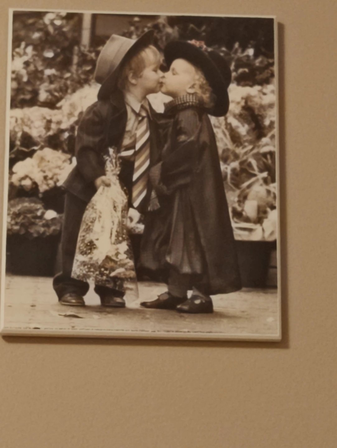 Vintage Children Kissing Sepia Wall Art