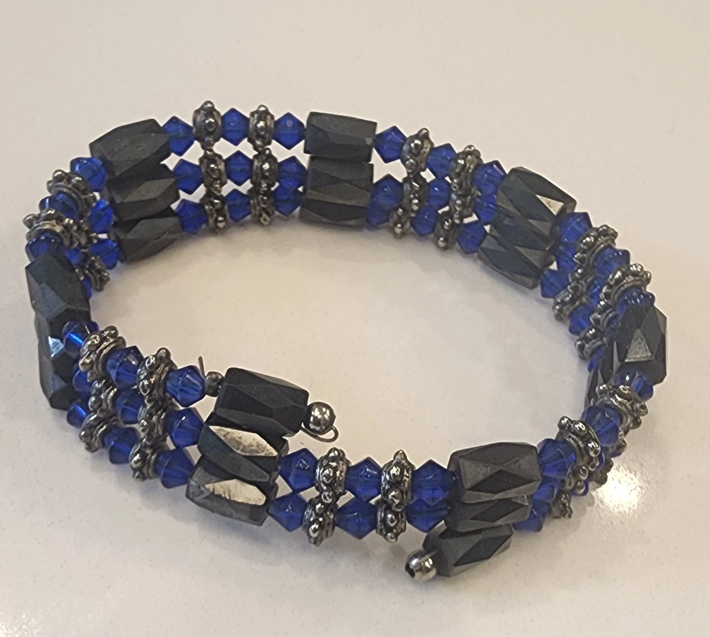 Triple Strand Hematite & Blue Crystal Bracelet