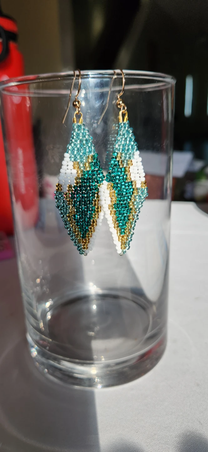 Handmade Beaded Diamond Earrings - Teal, White, Gold - photo 2