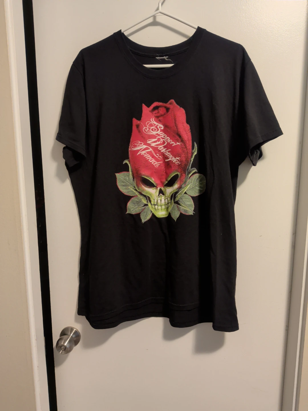 Black T-Shirt with Rose and Skull Graphic