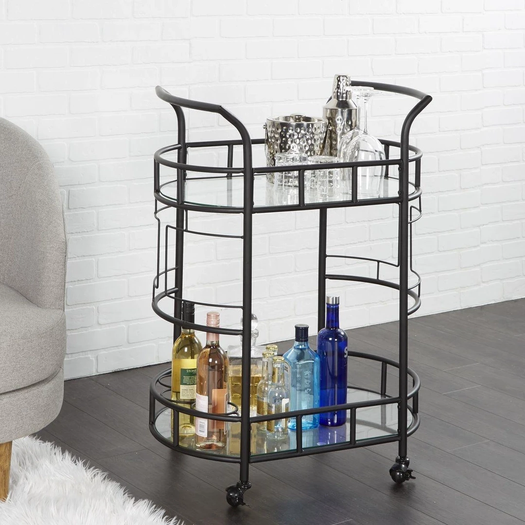 Black Metal Bar Cart with Glass Shelves