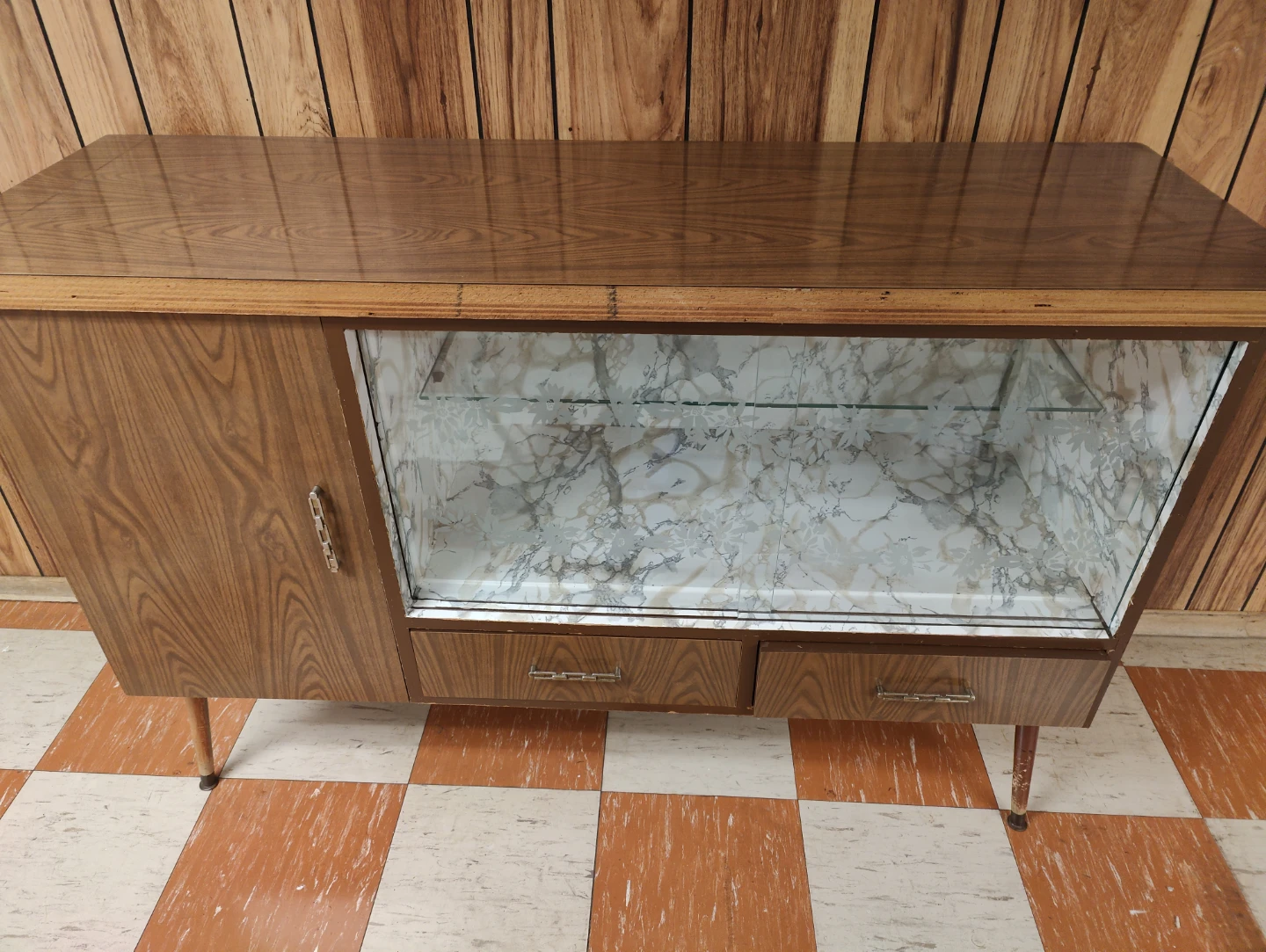 Vintage Display Cabinet with Glass Doors and Drawers