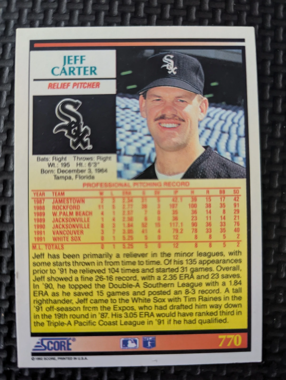 ⚽ 1992 Score Baseball Card - Jeff Carter Relief Pitcher - photo 2