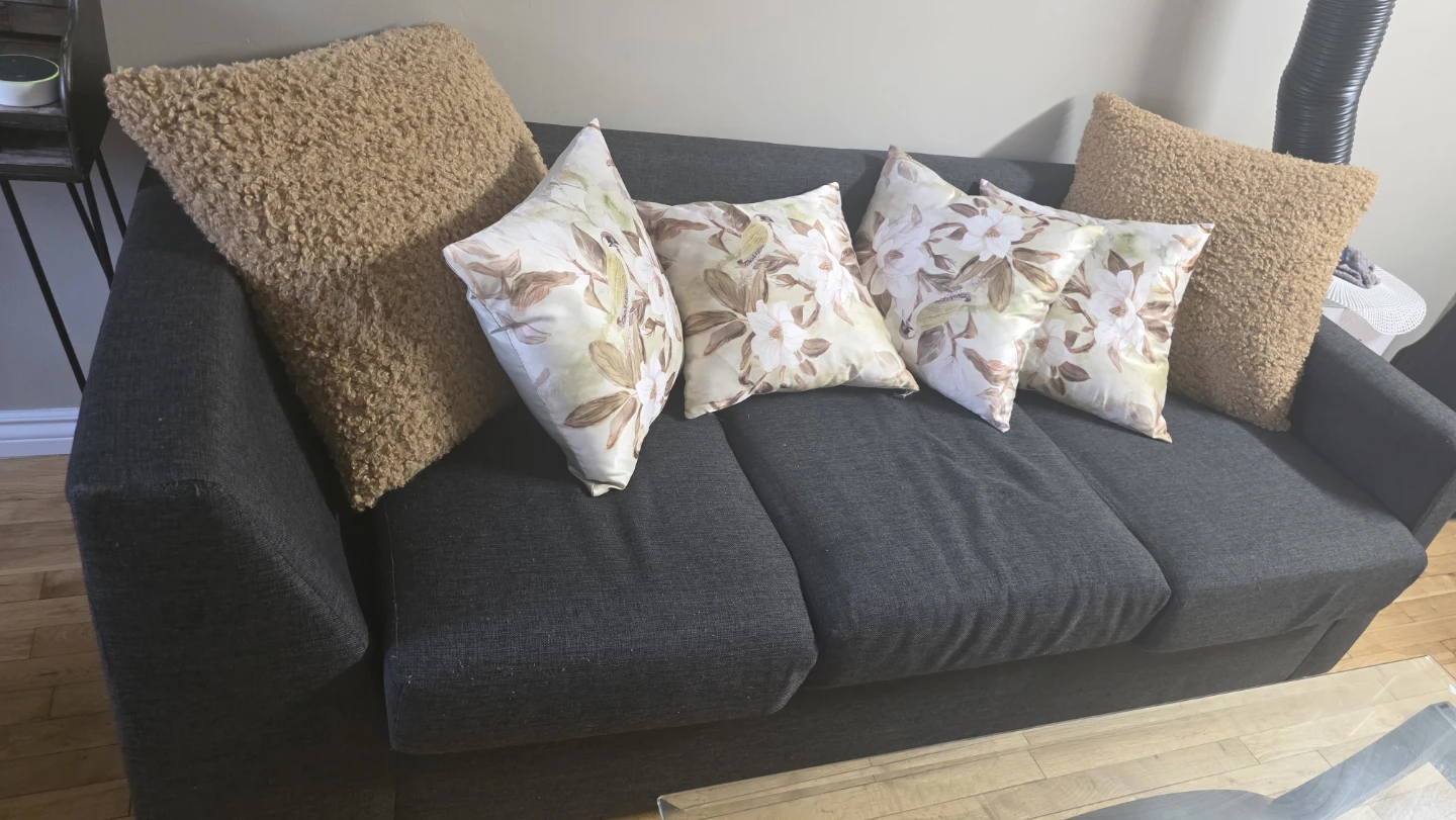 Grey Velvet Couch with Decorative Pillows