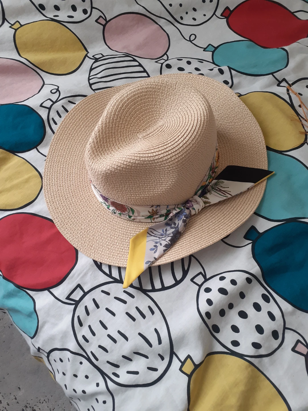 Straw Hat with Decorative Scarf