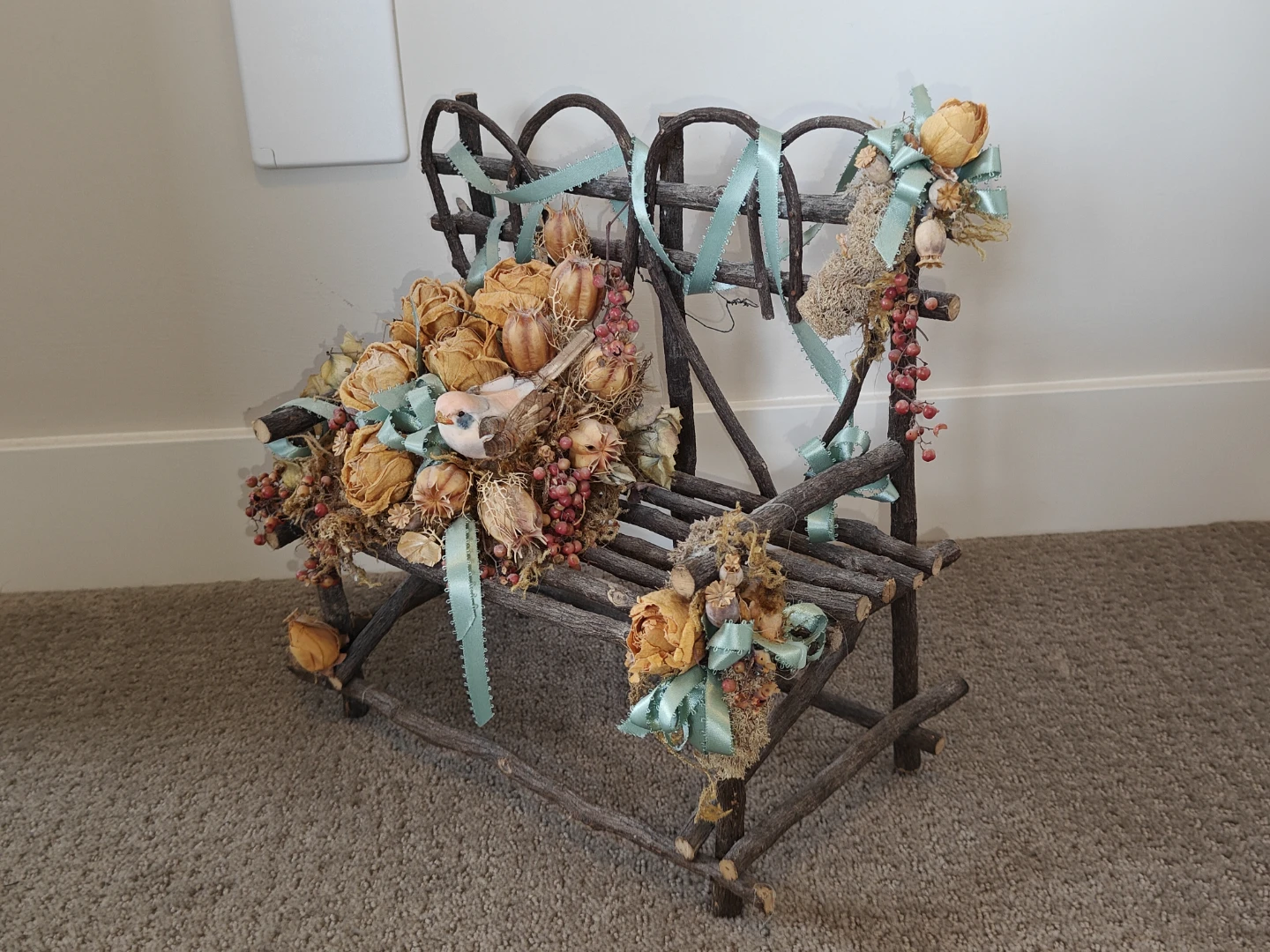 Vintage Miniature Twig Bench Decor with Dried Flowers & Bird